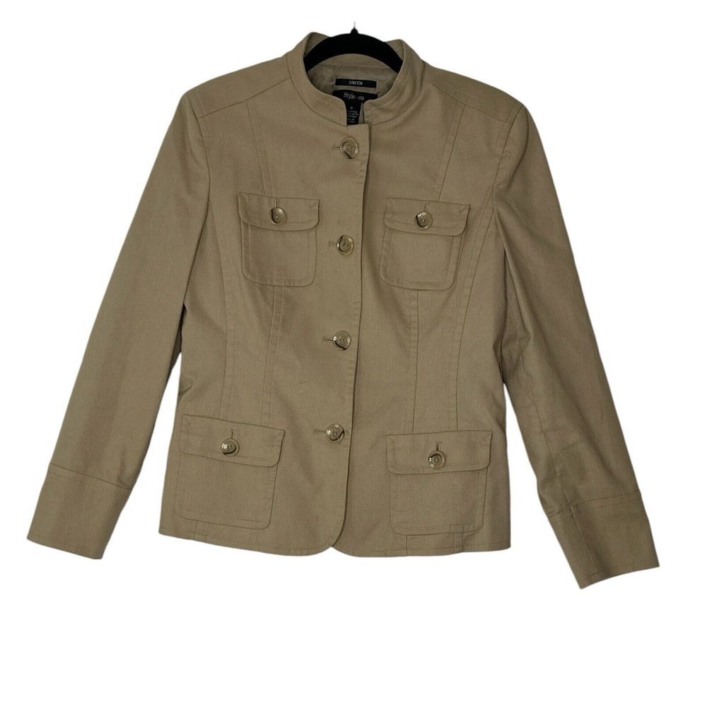 Style & Co Blazer Women Size 8 Beige Top Stretch Boho Corpcore Stretch Formal